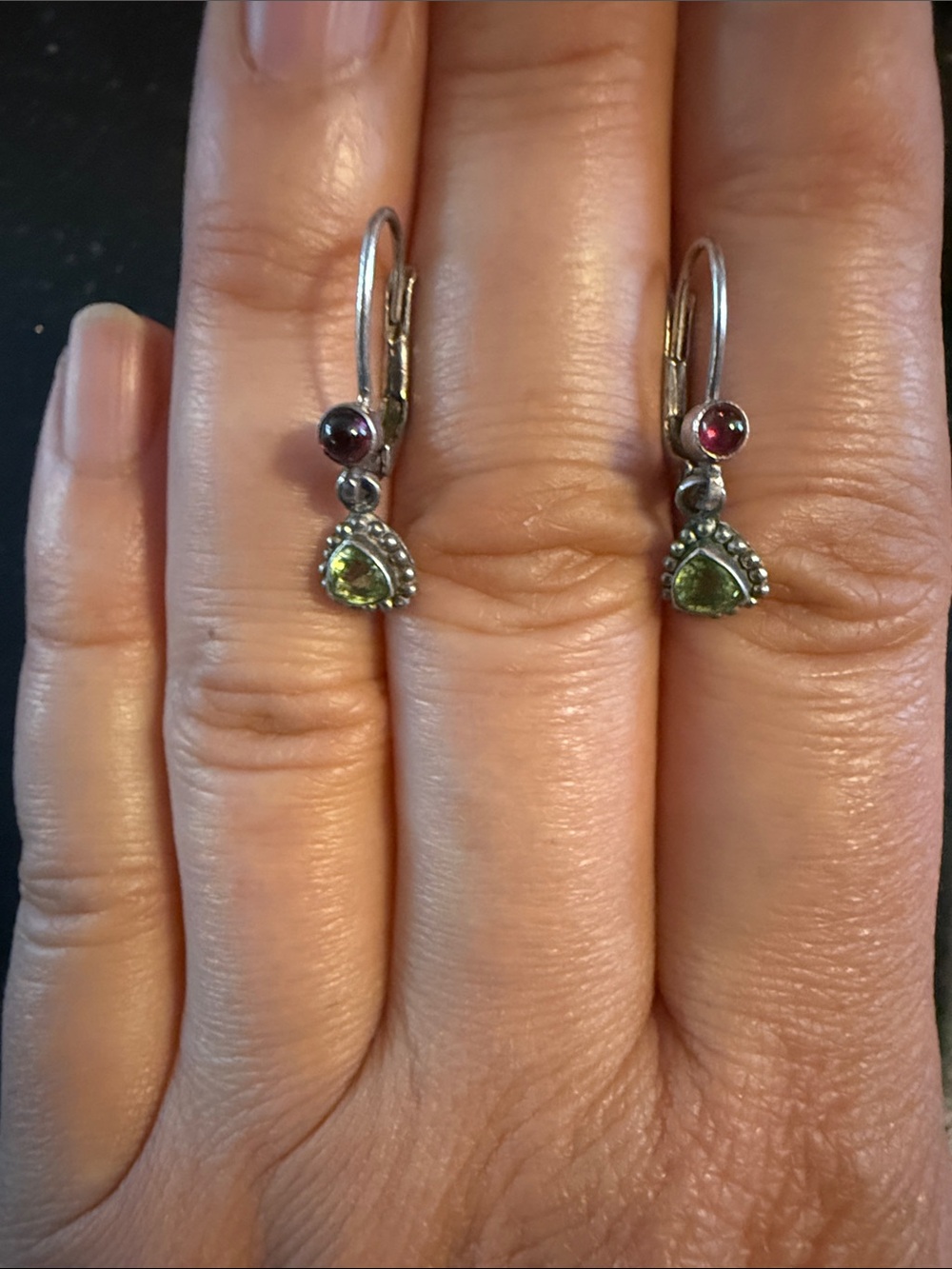 Sterling Silver Green and tourmaline Garnet Drop Earrings stamped